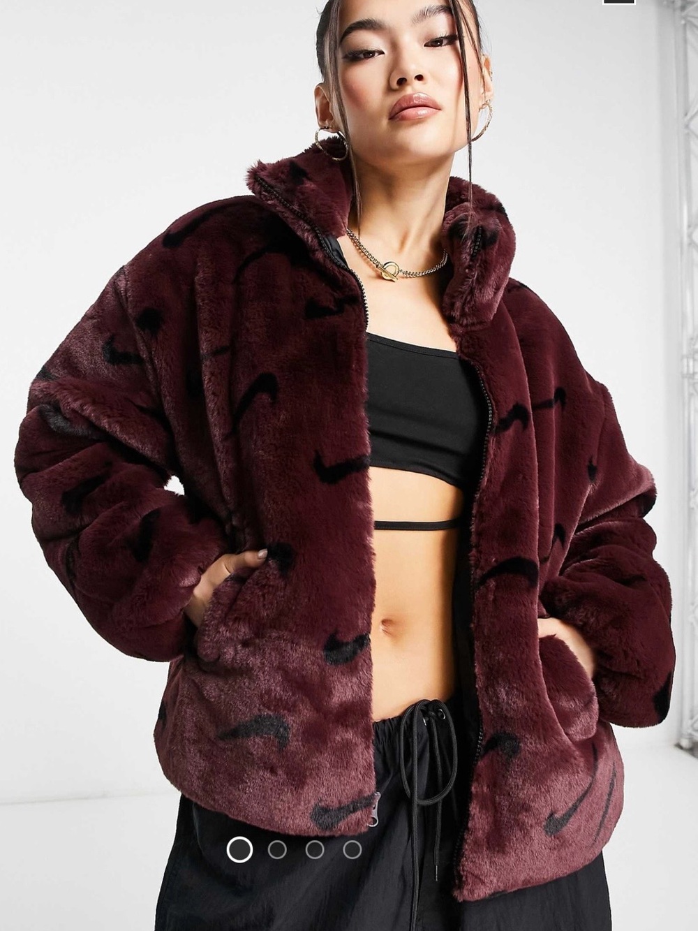 Nike Burgundy Faux Fur Teddy Jacket with Black Swoosh Accents